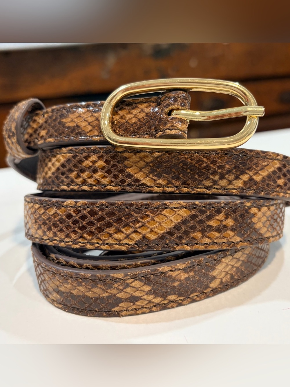 SOEUR Paris Snake Embossed Leather Belt Brown Gold Buckle Size M Matching Handba